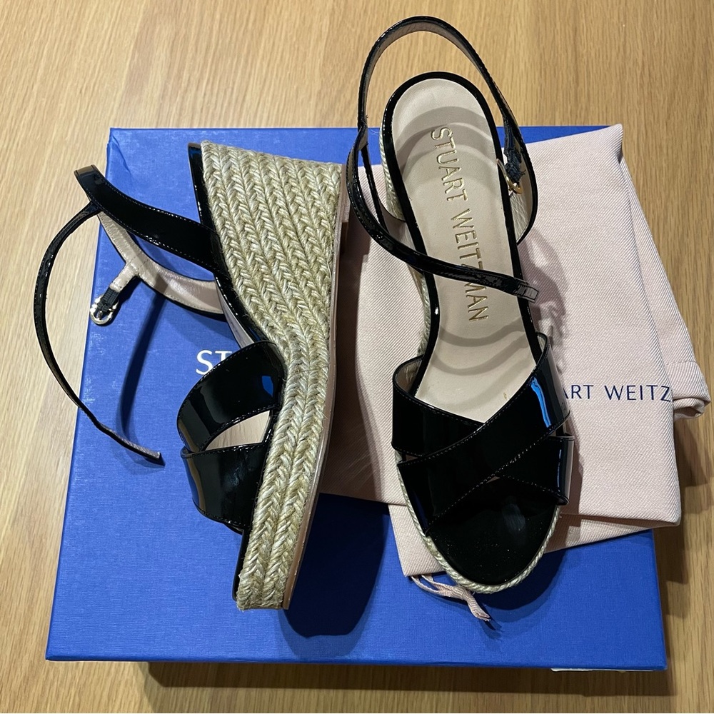 NWT Stuart Weitzman Rosemarie Black Wedge Sandals size 8